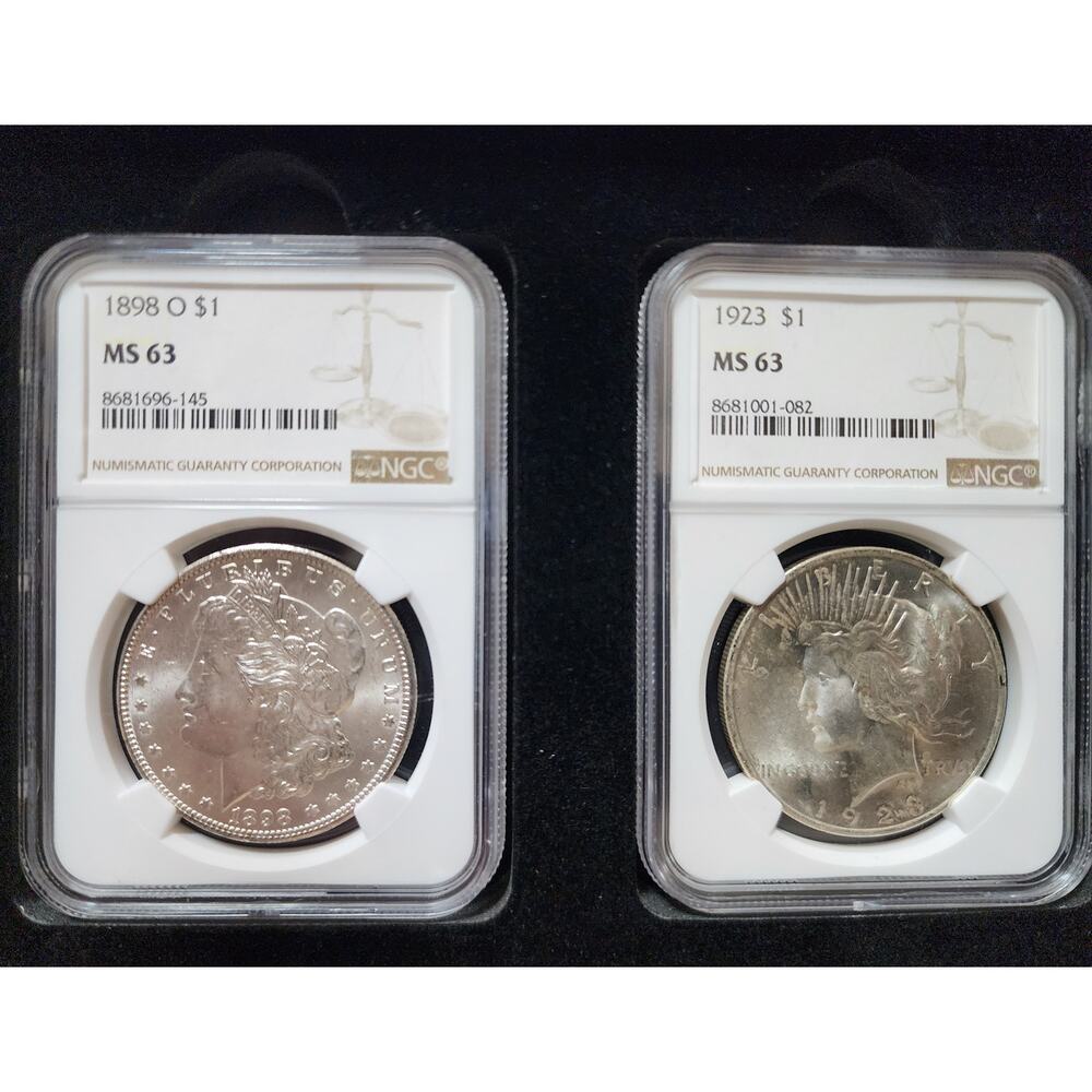 1898‑O Morgan & 1923 Peace $1 NGC MS63 Silver Set w/ Gift Display Box